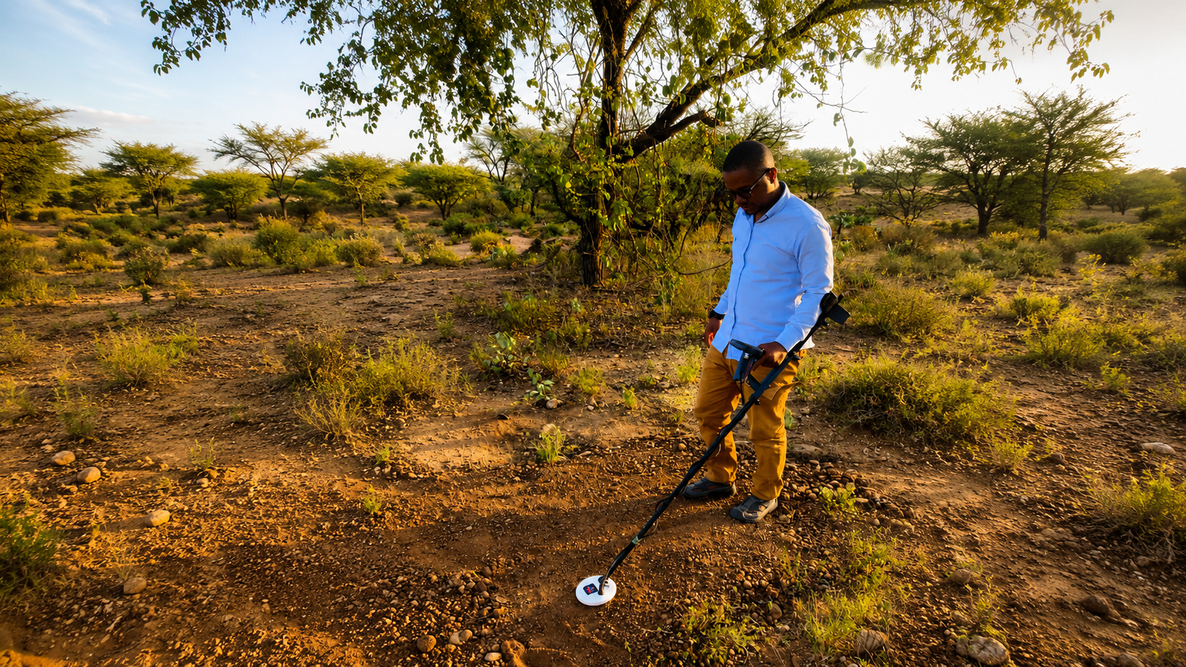 Prospector sweeping a metal detector across Somali savannah at sunrise